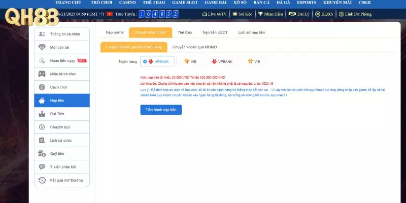 Nạp tiền QH88 thông qua Internet Banking