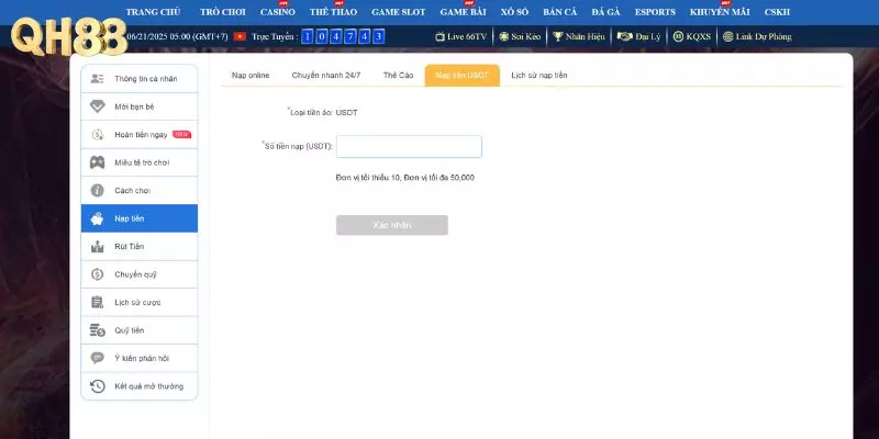 Nạp tiền QH88 thông qua USDT